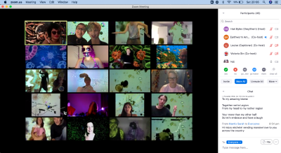 screen shot of zoom screen showing 20 thumbnails of guests at the microbe disco, they have colourful microbe inspired background and costumes, some people are dancing and others are watching