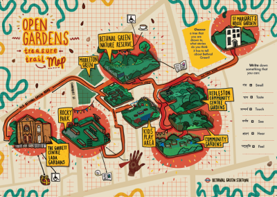 Title: Open Gardens Treasure Trail Map, illustrated map of 9 community gardens surrounding Middleton Green park in Bethnal green. The illustration shows some buildings, orange connecting roads, green and yellow squiggles and seeds dotted around. It also includes an exercise in English and Bengali for using the senses. Bethnal Green tube station is in the bottom right hand corner.