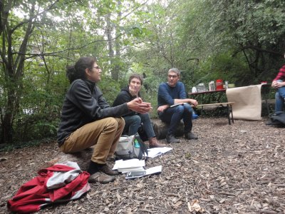 Shumaisa Khan, Maria Puig de la Bellacasa & Dimitris Papadopoulos sit on logs in a nature reserve, as part of a panel discussion